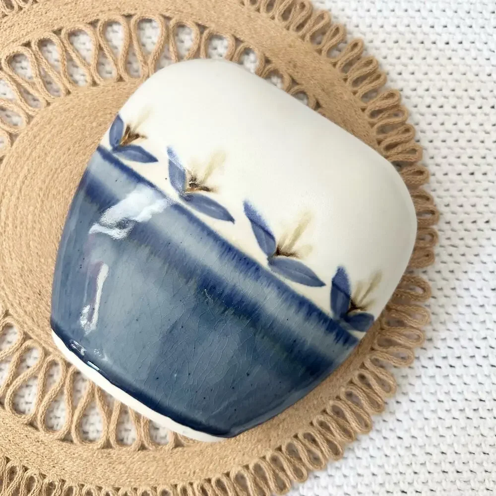 Signed Burslem 2006 Blue Cream Ceramic Glazed Slim Oval Floral Pottery Vase